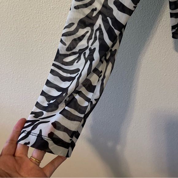 ASOS Design Zebra Print Mesh Cropped Shirt with Tie Closure Black White-12 Tall - Picture 7 of 13